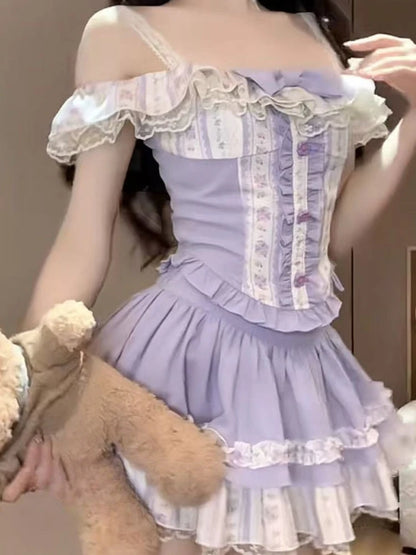 Sweet Kawaii 2-Piece Dress Set Women Sexy Off-Shoulder Corset Tops + Mini Cake Skirt Japanese Casual Harajuku Chic Outfit New