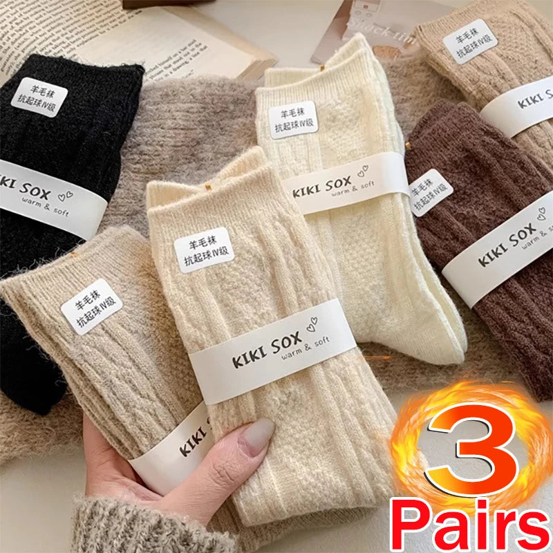 3Pairs Winter Cashmere Wool Socks Women's Winter Diamond Thicken Warm Black White Pack Set Thermal Japanese Fashion Solid Color