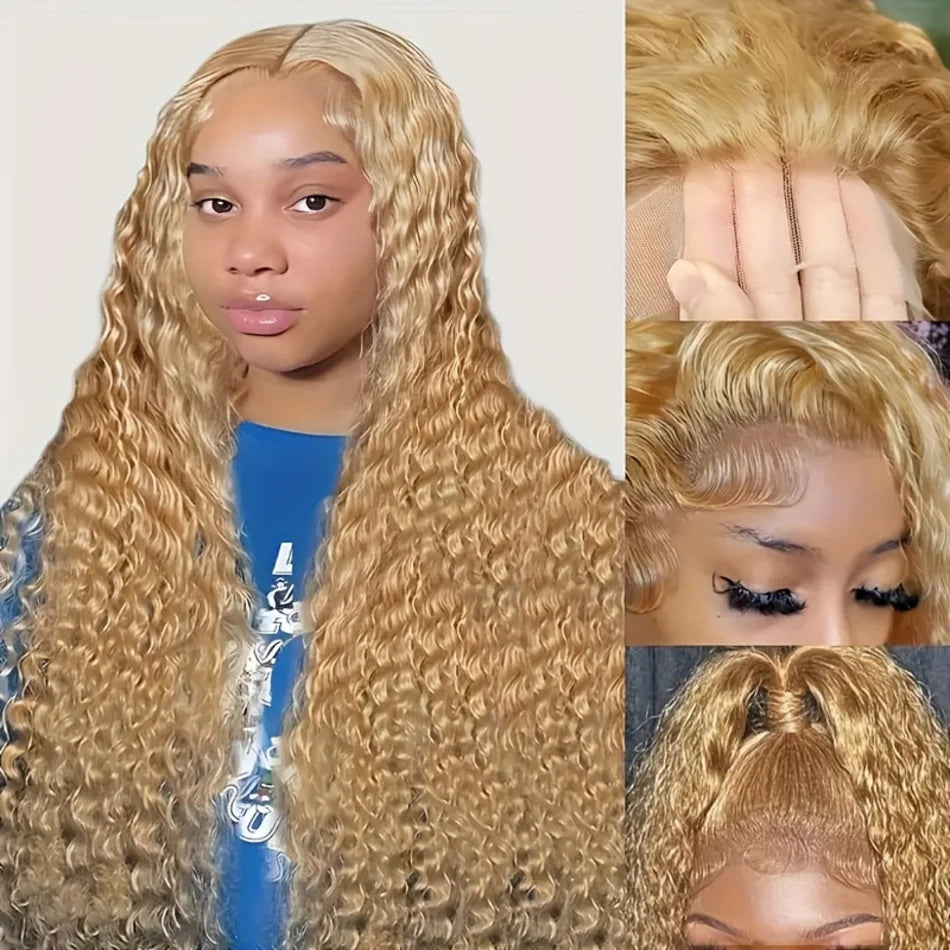 Deep Wave Honey Blonde Human Hair Wig #27 Curly HD Transparent Lace Front Wigs For Women Pre Plucked Wigs 200% Density 30 Inch