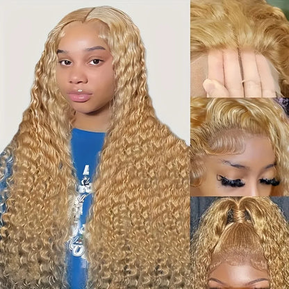 Deep Wave Honey Blonde Human Hair Wig #27 Curly HD Transparent Lace Front Wigs For Women Pre Plucked Wigs 200% Density 30 Inch