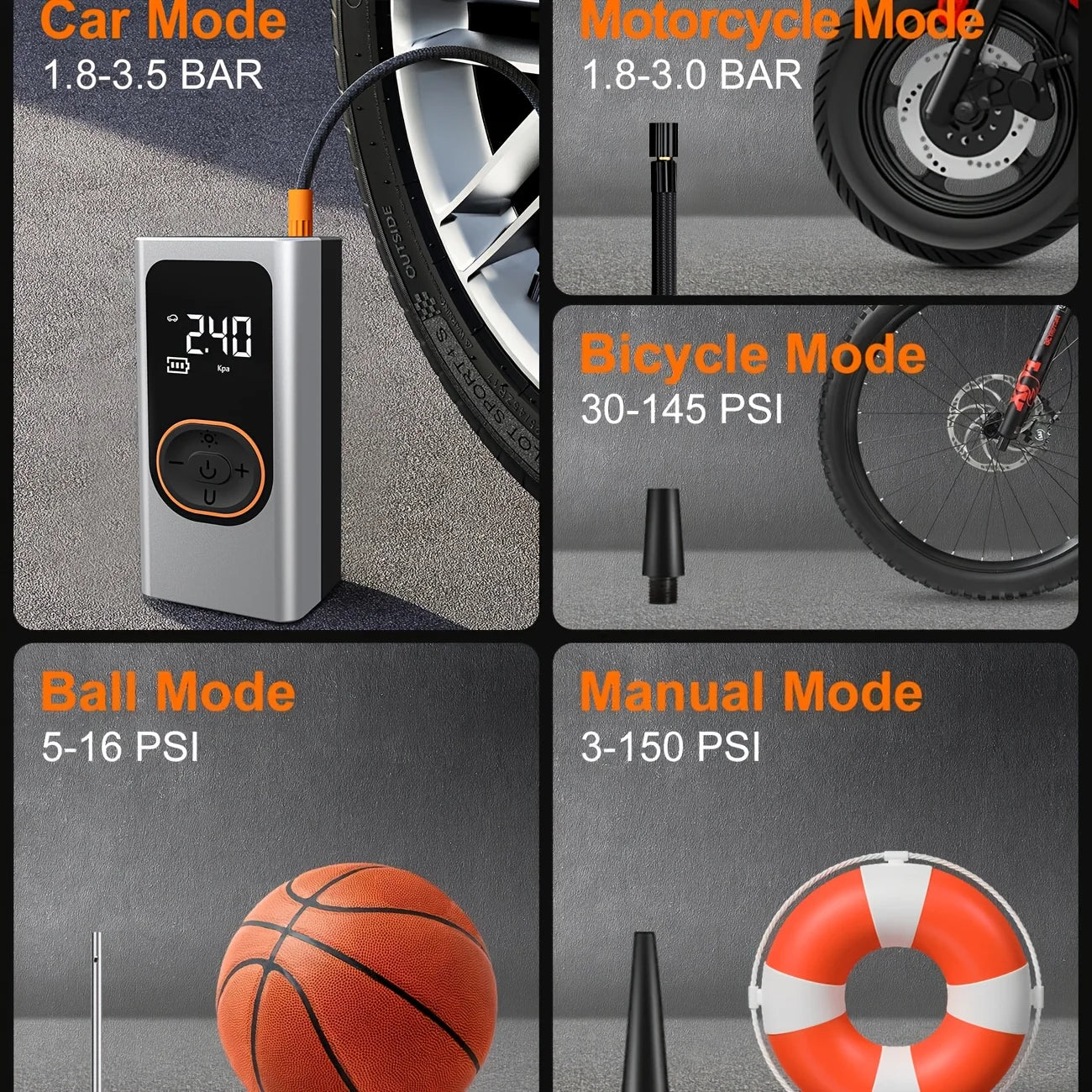 Multifunction Digital Air Pump, Portable Tire Inflator with SOS Light for Car Motorcycle Bicycle Tires, Balls, Boats, Camping