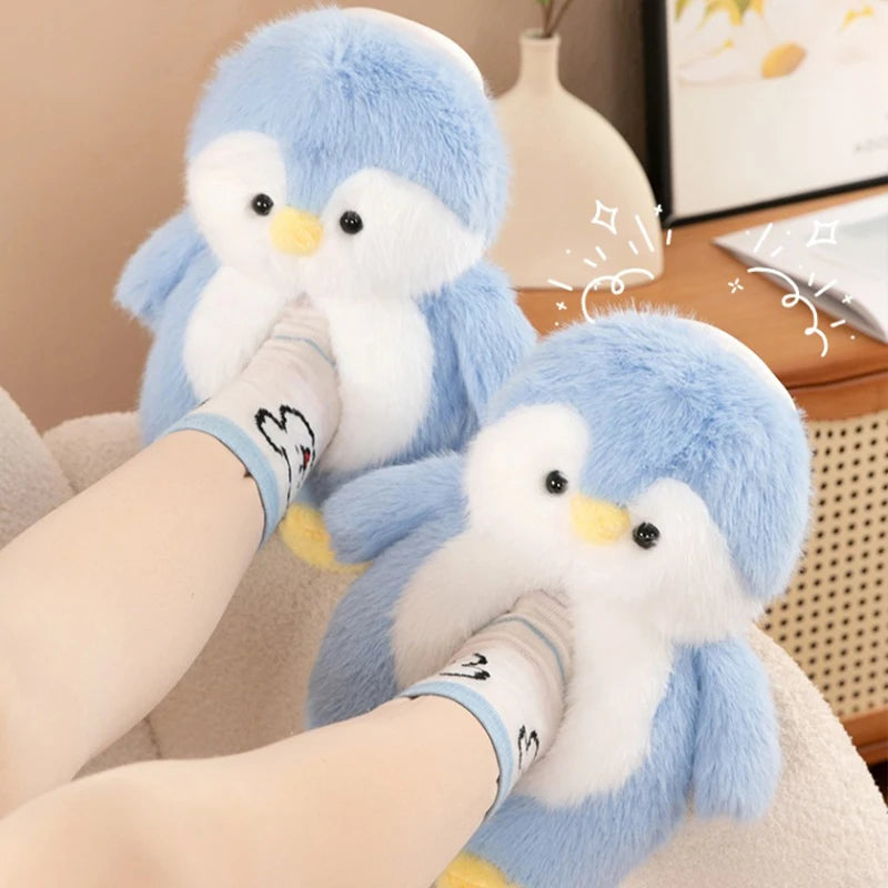 Cute Cartoon Penguin Cotton Slippers Package with Plush Thick Bottom Non-slip Soft Bottom Home Shoes Winter Ladies Indoor Warmth