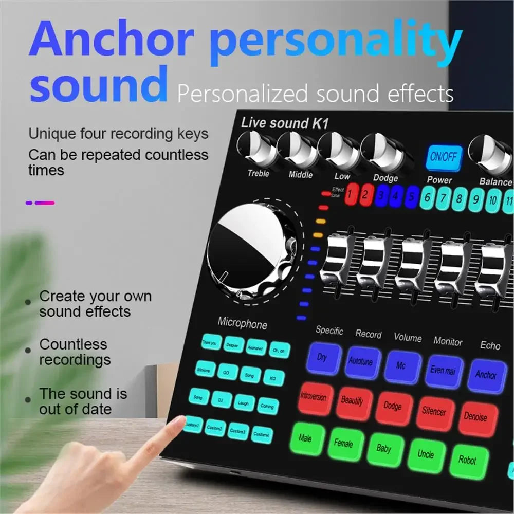 K1 Professional Live Sound Card Audio Mixer DJ Equipment Sound Card Effects Processors for Music Karaoke Recorder Live Broadcast
