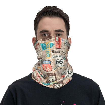 Custom Travel Motorcycle Ride Route 66 Bandana Winter Neck Warmer Windproof Wrap Face Scarf for Hiking Highways Gaiter Headband