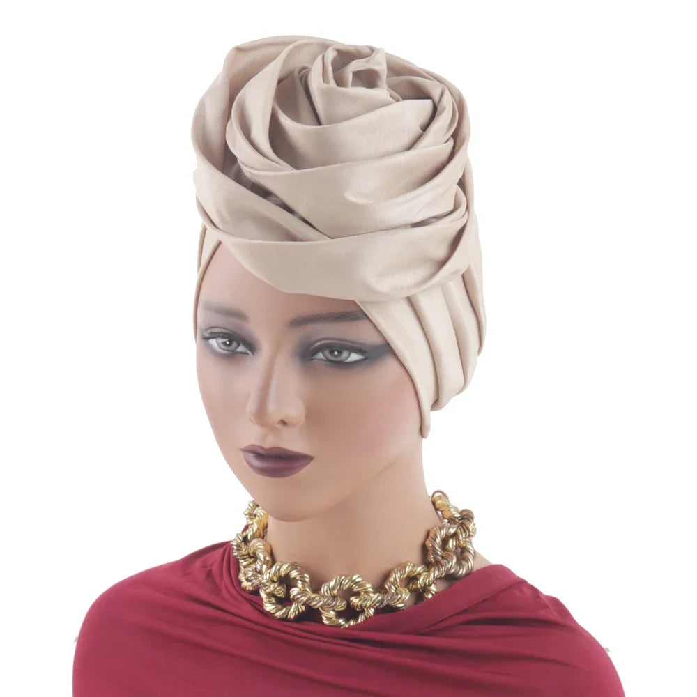 Raw Silk Big Rose Flower African Turban Caps for Women Headwear Head Wraps Nigerian Wedding Geles Party Headgear Bonnet