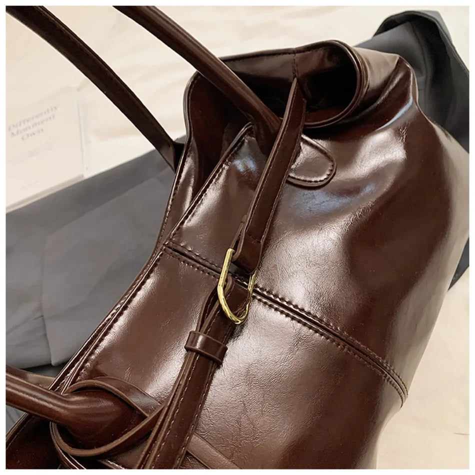 Women's Vintage Glossy Oil Wax Leather Tote Bag Buckle Casual Shoulder Handbag Elegant Work Bag for Daily Commute Top-handle Sac