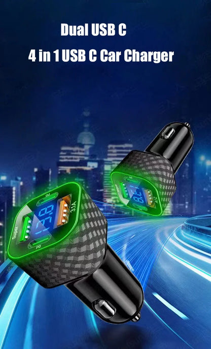UYUXIO USB C Car Phone Charger Dual PD 4 in 1 with Voltage Display Super Fast Charge Adapter for iPhone Xiaomi Oppo Vivo Samsung