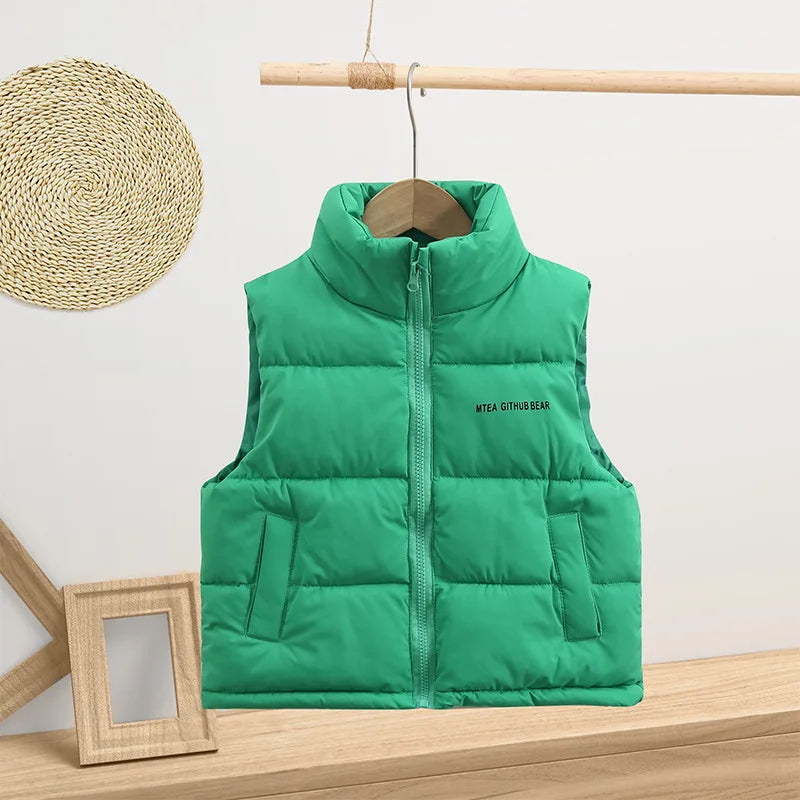 3-14 Years Winter Boys Girls Vest Fashion Letter High Neck Design Thick Keep Warm Waistcoat For Kids Children Down Coat