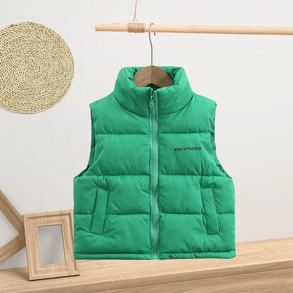 3-14 Years Winter Boys Girls Vest Fashion Letter High Neck Design Thick Keep Warm Waistcoat For Kids Children Down Coat
