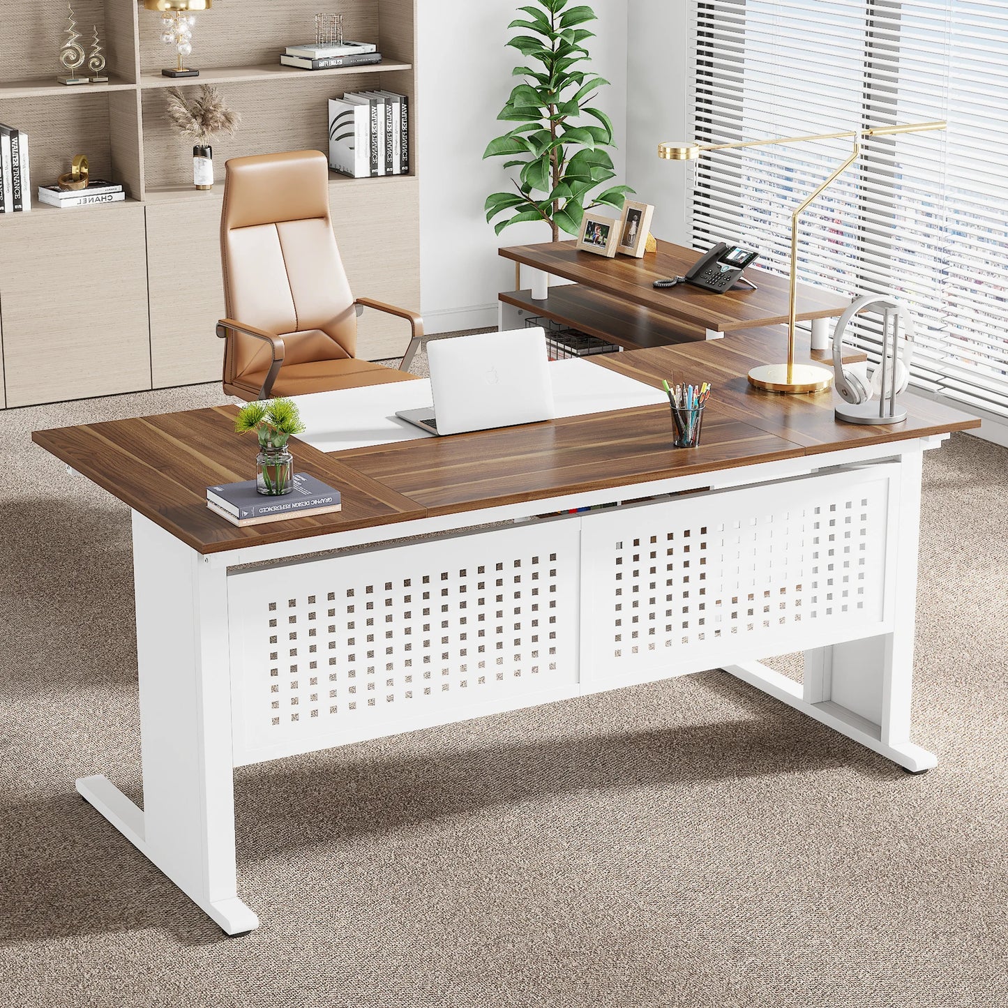 Tribesigns 63 Inch Executive Desk with File Cabinet, Large Office Desk L Shaped Computer Desk with Drawers and Storage Shelves