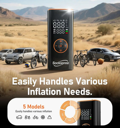 Tire inflator with digital pressure gauge and automatic power-off function, equipped with battery and 12V car adapter