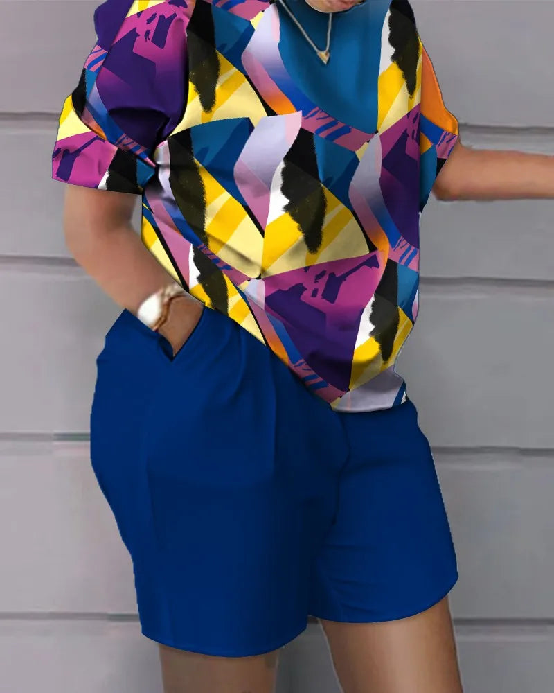 Ladies Casual Summer Two Piece Sets Printed Shorts Sets Women Round Neck Short Sleeve T Shirts Pullover High Waist Trousers Suit