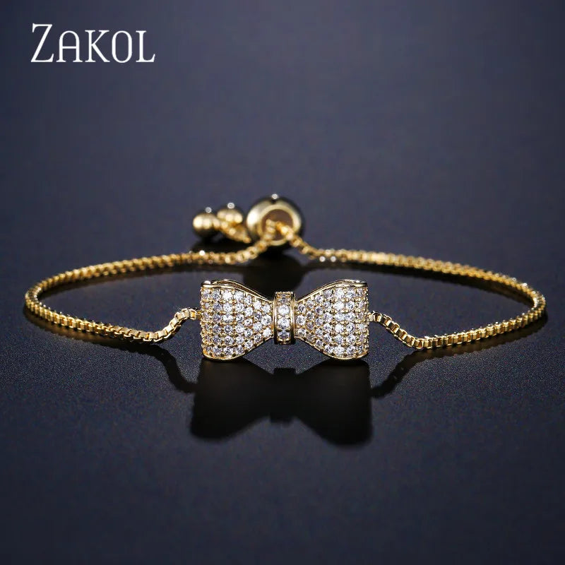 ZAKOL Fashion Bow Zirconia Crystal  Adjustable Bracelet & Bangle for Women Brilliant CZ Party Jewelry
