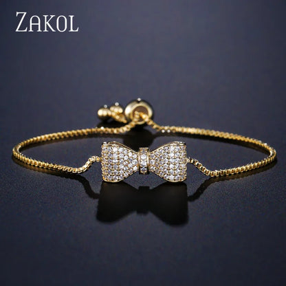 ZAKOL Fashion Bow Zirconia Crystal  Adjustable Bracelet & Bangle for Women Brilliant CZ Party Jewelry