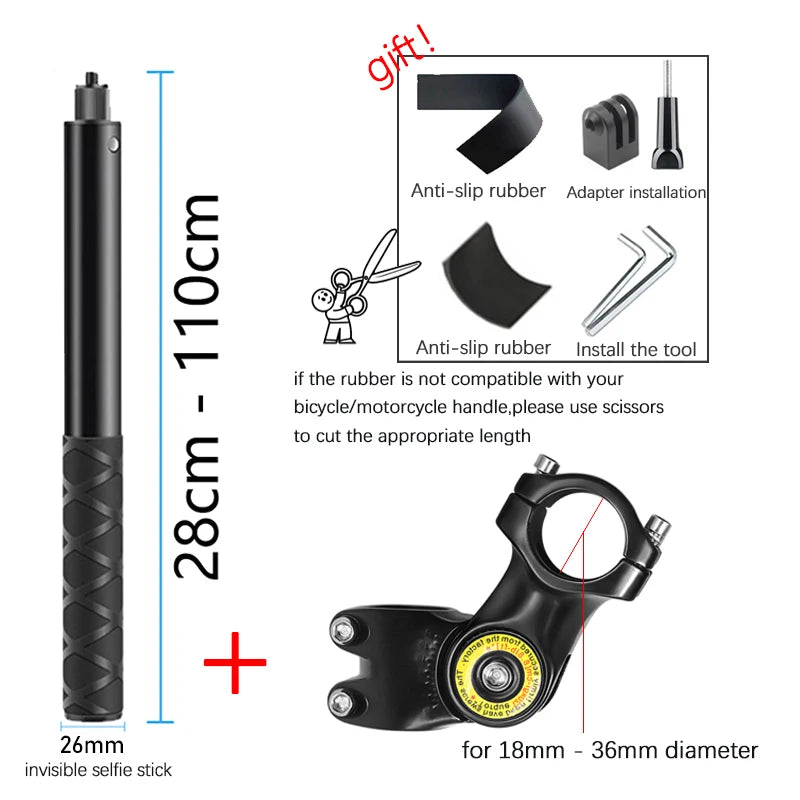 Motorcycle Bike Panoramic Monopod Bicycle Hidden Selfie Stick for GoPro Max Her 11 10 9 One DJI Insta360 Action Camera Accessory