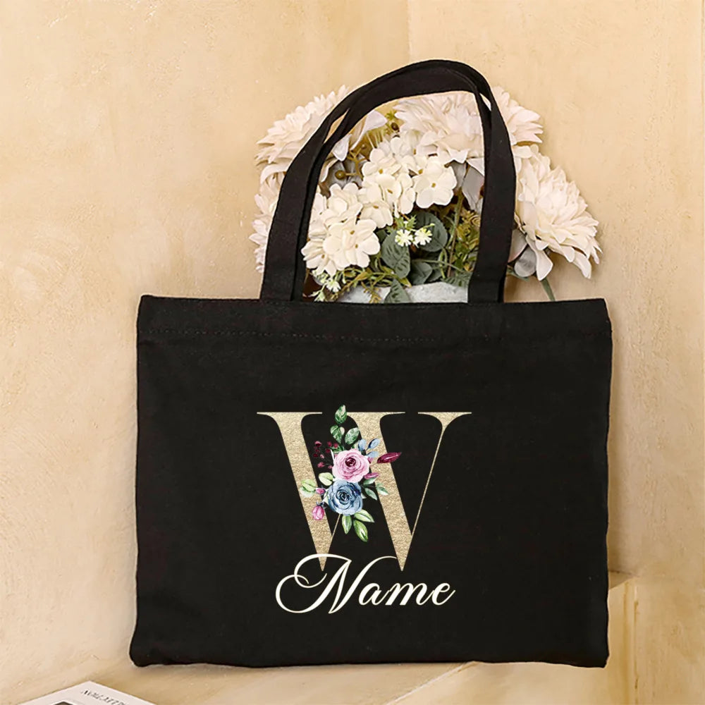 Personalized Initial with Name Tote Bag Women Canvas Shoulder Bags Monogram Shopping Bag Handbags Birthday Wedding Gifts for Her