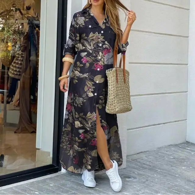 New Autumn Long Dress Long Sleeve Shirt Dress Women Denim Long Dresses Pocket Button Shirt Print Dress Casual Loose Dresses 2023