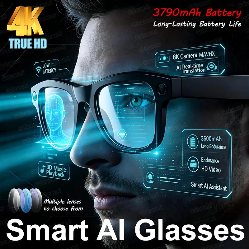 4K 800W HD Camera AI Smart Glasses Men Record Video 3790mAh Battery Languages Translation 3D Music Player Glasses With Camera