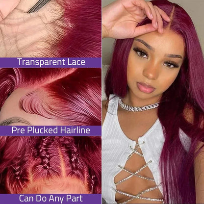 99J Red Burgundy Colored Lace Frontal Human Hair Wigs 13X6 HD  Straight Lace Front Wig250 Density Pre Plucked  Human Hair Wig