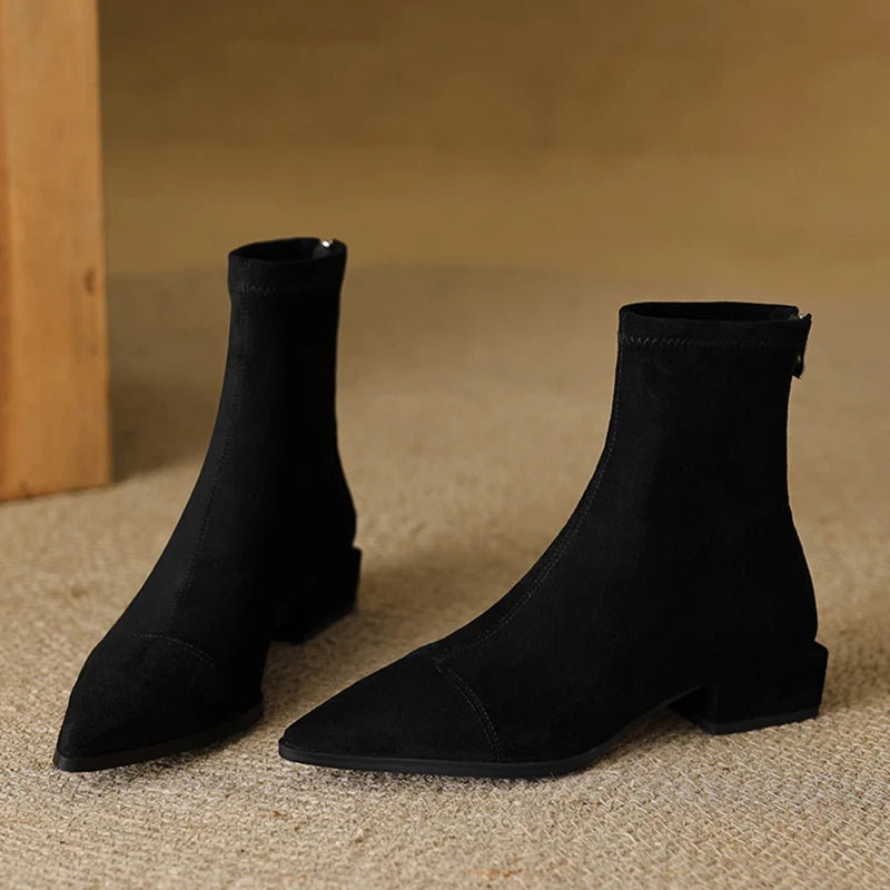 Autumn Vintage Suede Women Ankle Boots Ladies Concise Pointed Toe Thick Heel Short Botas Zapatos De Mujer