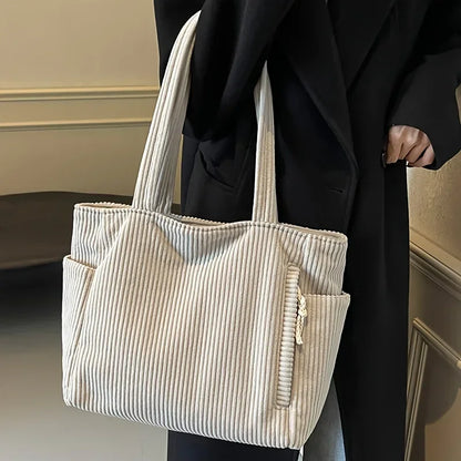 Casual Corduroy Handbag with Zipper Closure Light and Large Capacity Fixed Shoulder Strap Solid Color Daily Commuter Handbag