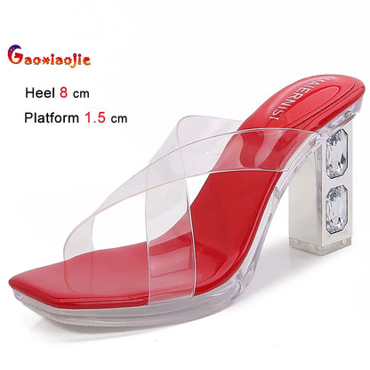 2025 Red High Heels 8cm Women Shoes Rhinestone Thick Heels Square Toe Ladies Pumps Cross Tie Straps Slippers Sandals Party Shoes
