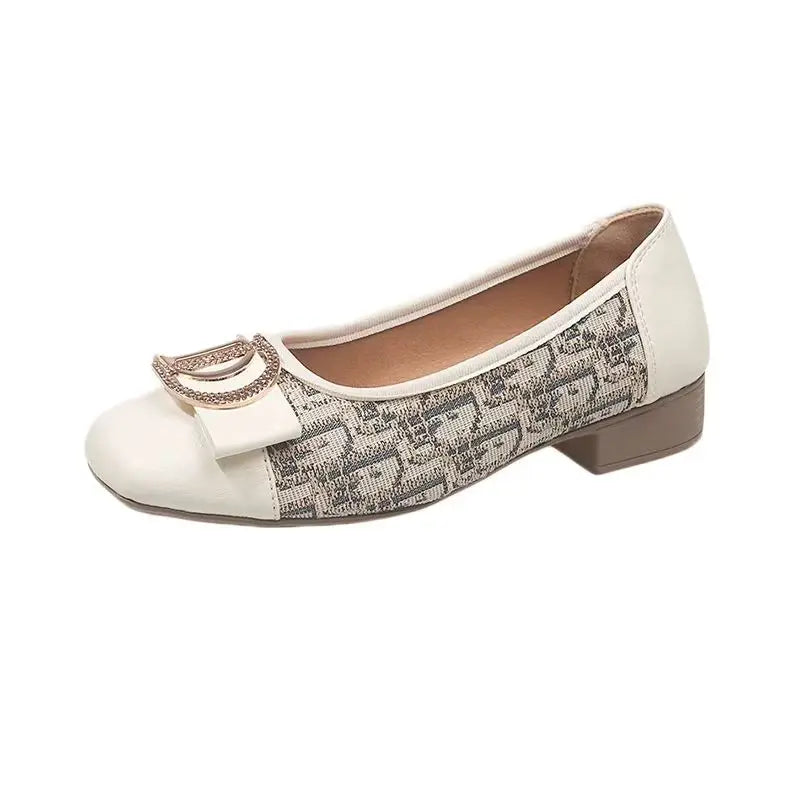 Soft Bottom Women Bean Metal Single Shoes Fashionable Versatile Shallow Mouth Retro Square Head Flat Bottom Coarse Women's Shoes