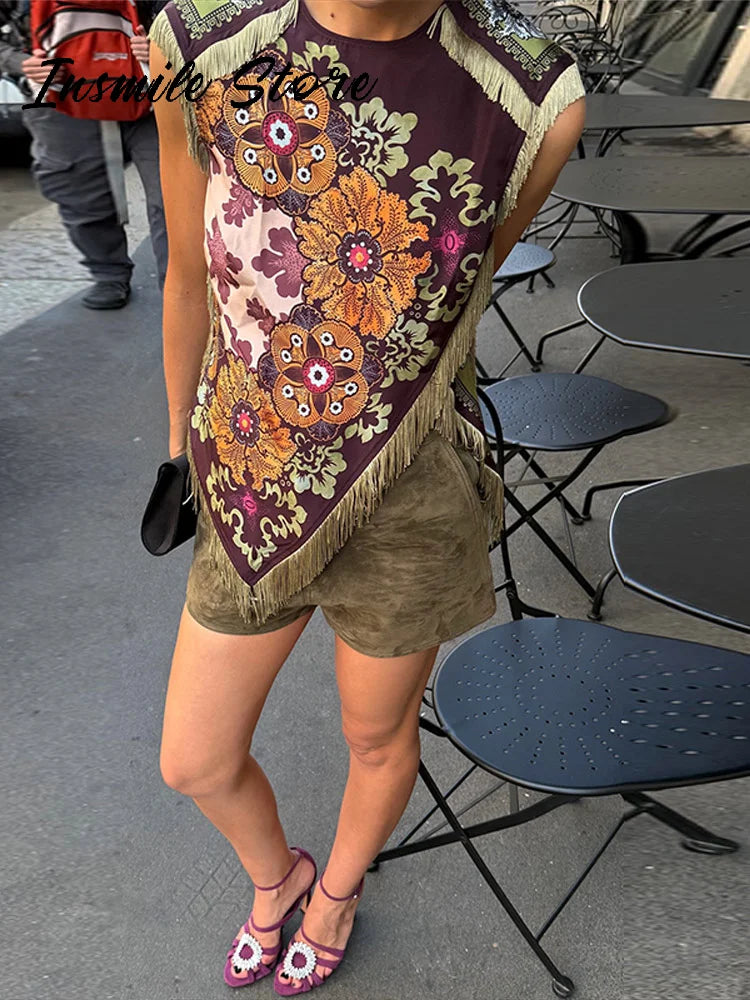 Fashion Tassel Printed Irregular Top Women Loose O-neck Sleeveless Patchwork Vest 2026 Summer Lady New Casual Beach Y2k Outfit