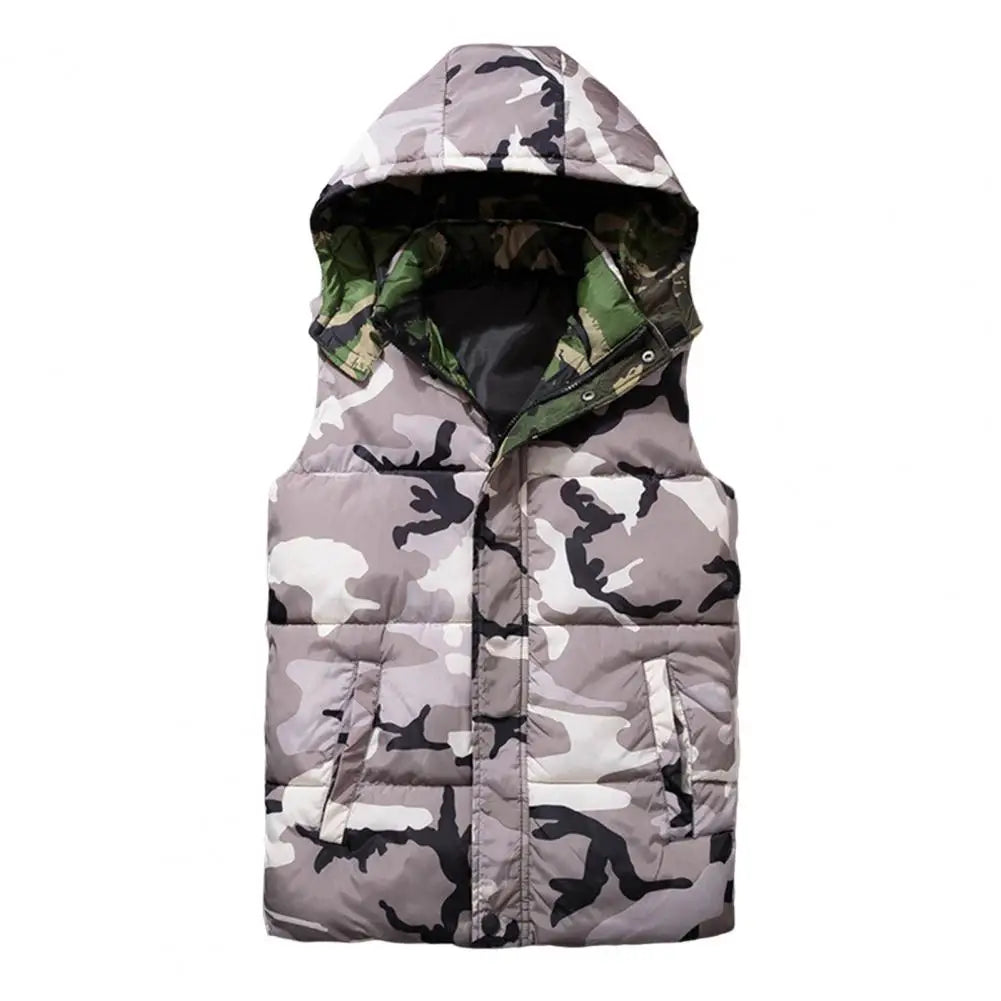 Winter Men Waistcoat Camouflage Thickened Cotton Padded Windproof Zipper Hooded Vest Coat for Daily Wear