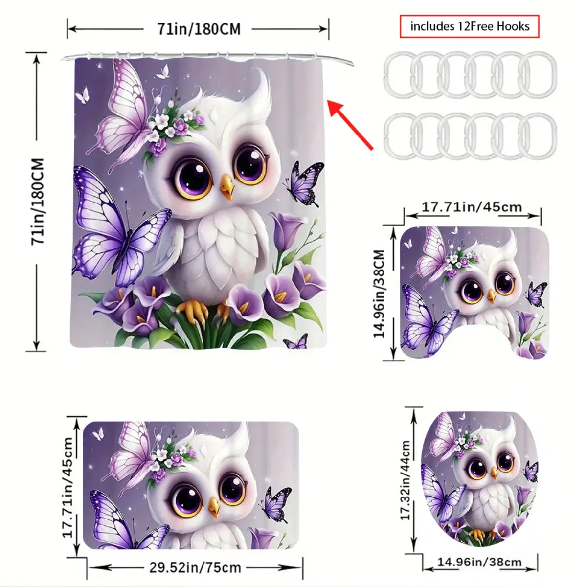 4pcs Owl Design 2D Flat Shower Curtain Set, Charming Bathroom Decor with Non-Slip Mat, Suitable for Various Home Scenarios