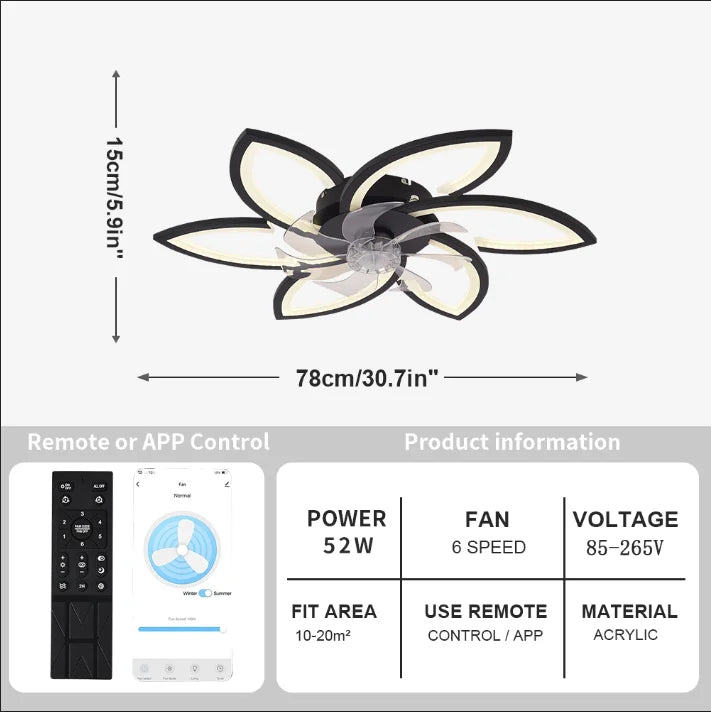 Ceiling Fan with Lights,Modern Dimmable Flower Shape, Remote Control/app Control,Timing 6 Gear Speeds Fan Ceiling Lamp