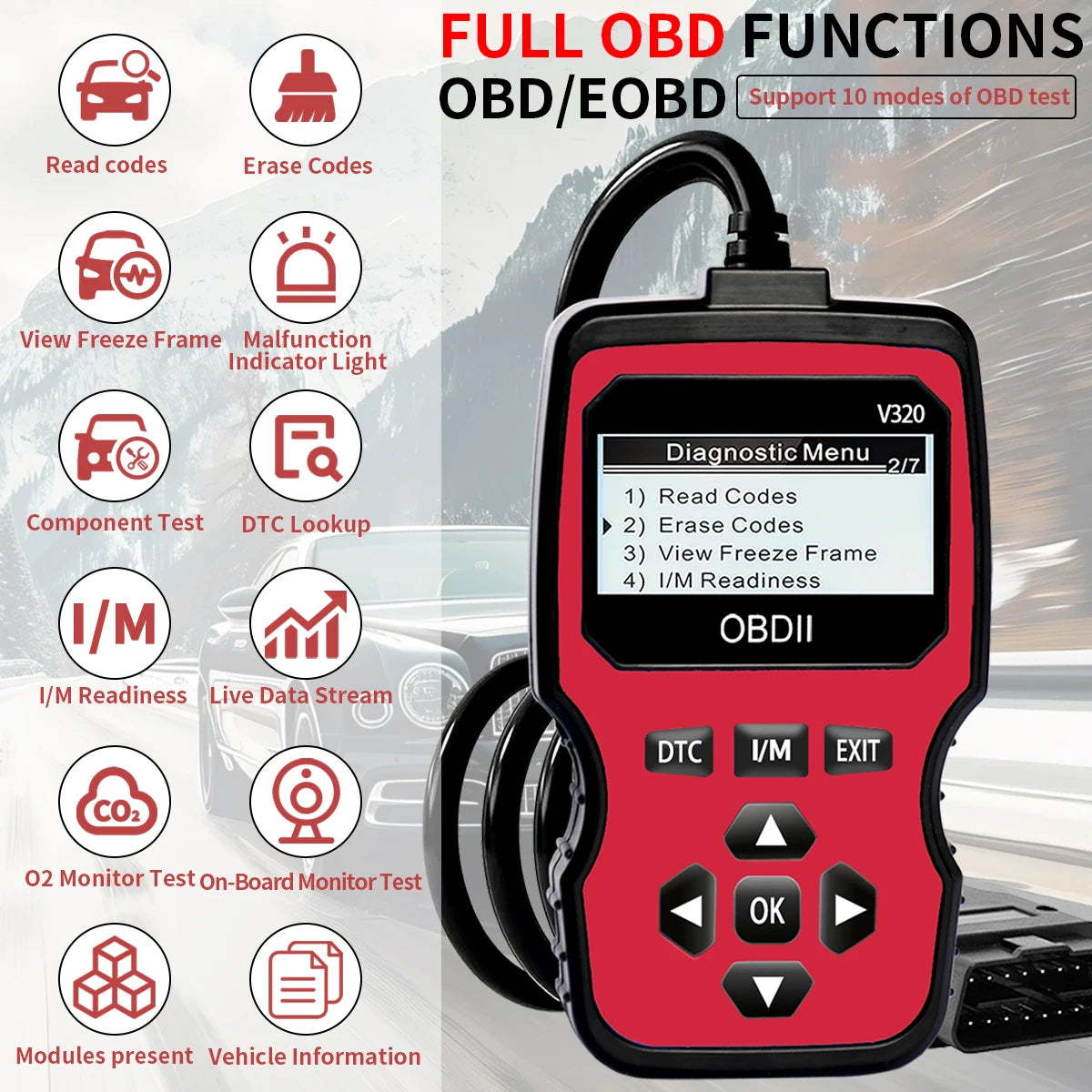 Obd2 Diagnostic Scanner Tool - Engine Fault Code Reader for All Cars since 1996, with Real-Time Data Stream, Battery Test, and Code Erasure