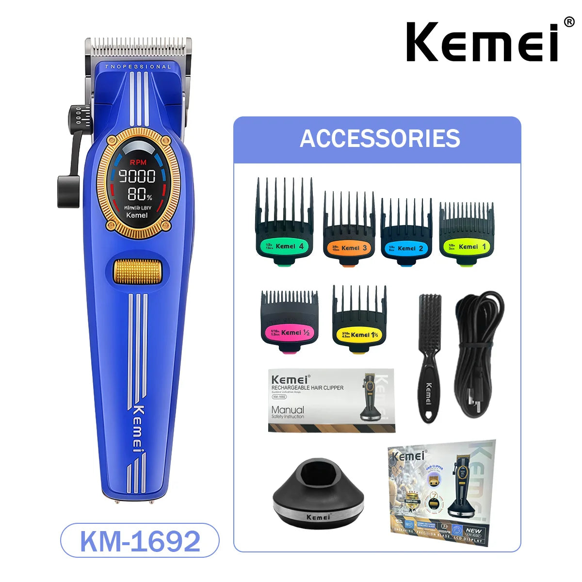 Kemei Trimmer Professional Hair Clippers Rechargeable Clippers 9000 RPM DLC Blade LCD Display Trimmer for Men KM-1685 KM-1692