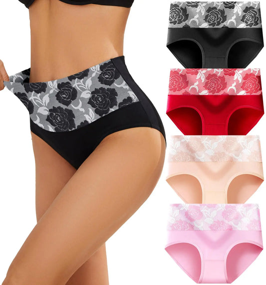 2Pcs Plus Size Women's Cotton Underwear High Waisted Tummy Control Panties Full Coverage Briefs Jacquard Ladies Panty Shaper