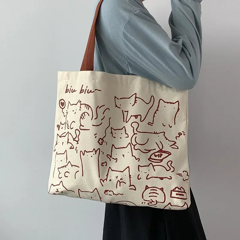 Canvas Bag Womens Handbag Shopping Bag Cute Cat Zipper Handbag Designer Bag Japanese Style Cartoon Small Shoulder Bag