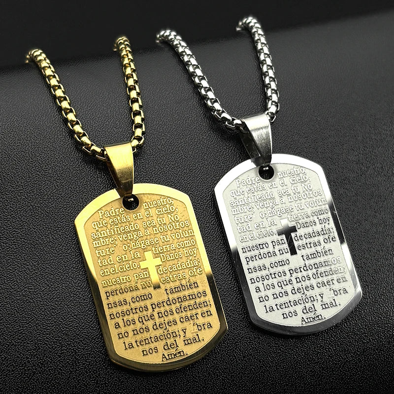 Christian The Lord's Prayer Cross Bible Spainsh Verse Dog Tag Necklace for Women Men Stainless Steel Jesus Chain Jewelry Gift