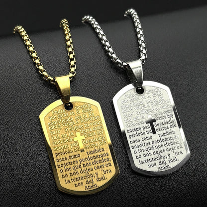 Christian The Lord's Prayer Cross Bible Spainsh Verse Dog Tag Necklace for Women Men Stainless Steel Jesus Chain Jewelry Gift