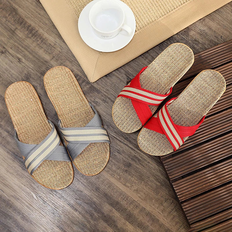 Summer Women's Slippers Home Flats Hemp Luxury Designer Woman Shoes Casual Indoor Slides Couple 2026 Soft Lightweight Large Size
