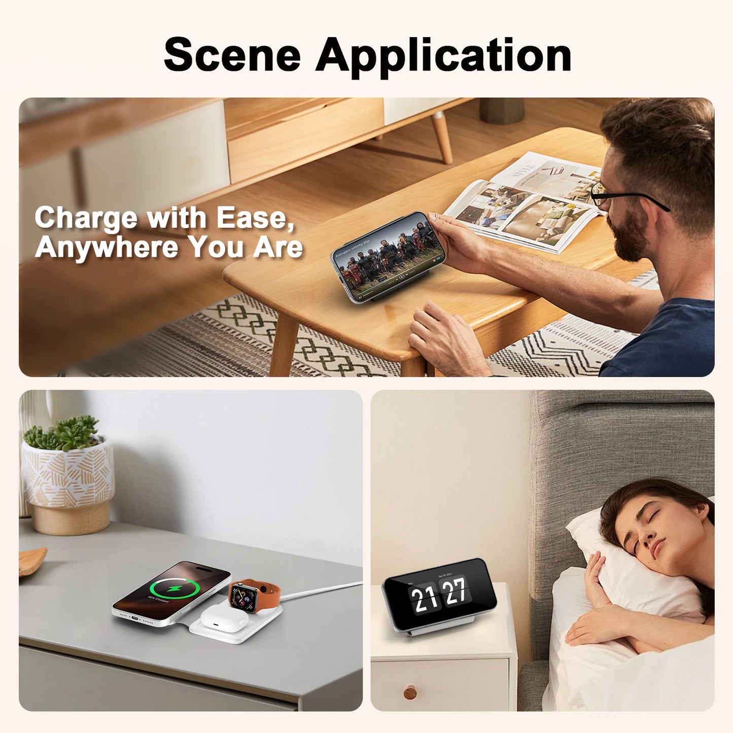 15W Wireless Chargers Magnetic 3 in 1 Foldable Stand Pad Dock Fast Charg Travel iPhone17 16 15 14 13 Pro Max Apple Watch Airpod