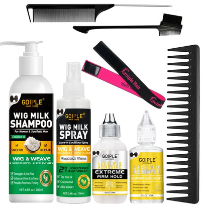 Wig Care Spray Kit Shampoo Cleaner for Synthetic Wig Care Solution Detangle Moisturize Leave-in Conditioner with Lace Front Glue