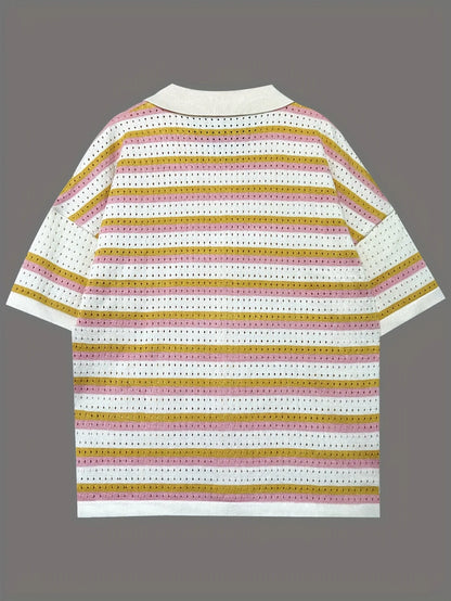 2026 Spring Summer Casual Beach Woolen Suit Fashionable Color-blocked Short-sleeved Striped Top And Loose Shorts Two-piece Set