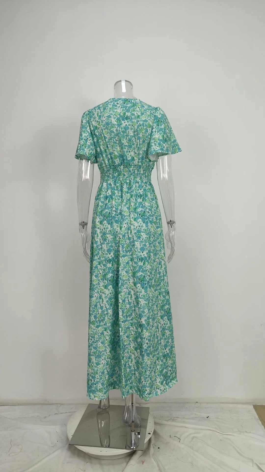 Summer Women Floral Print Casual Long Dress Fashion V Neck Short Sleeve Elegant Office Female Beach Party Maxi Dresses Robe