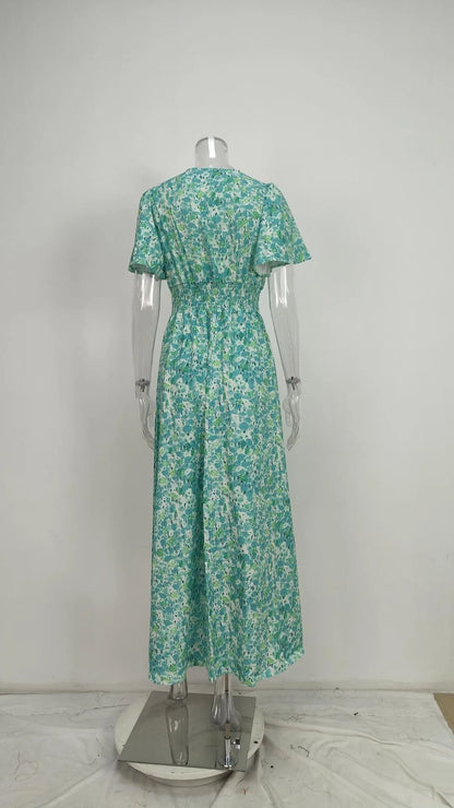 Summer Women Floral Print Casual Long Dress Fashion V Neck Short Sleeve Elegant Office Female Beach Party Maxi Dresses Robe