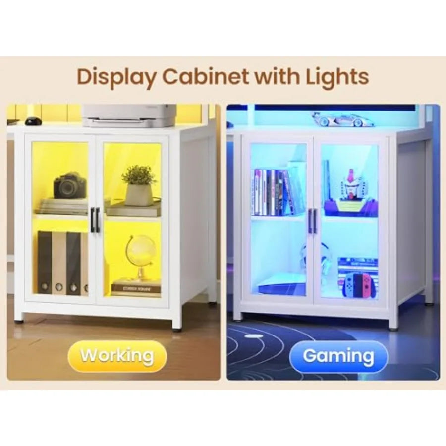 L Shaped Gaming Desk with 4 Drawers 109 Computer Desk with Display Cabinet White Home Office Desks with 2 Monitor Stands CPU St