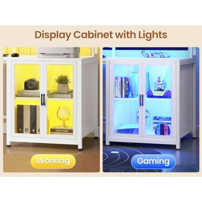 L Shaped Gaming Desk with 4 Drawers 109 Computer Desk with Display Cabinet White Home Office Desks with 2 Monitor Stands CPU St