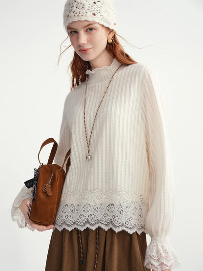 DUSHU Gentle Bottoming T-shirt Women 2025 Autumn and Winter Wear Pullovers Wear Fairy Lace Top Loose All-match Elegant Ladies