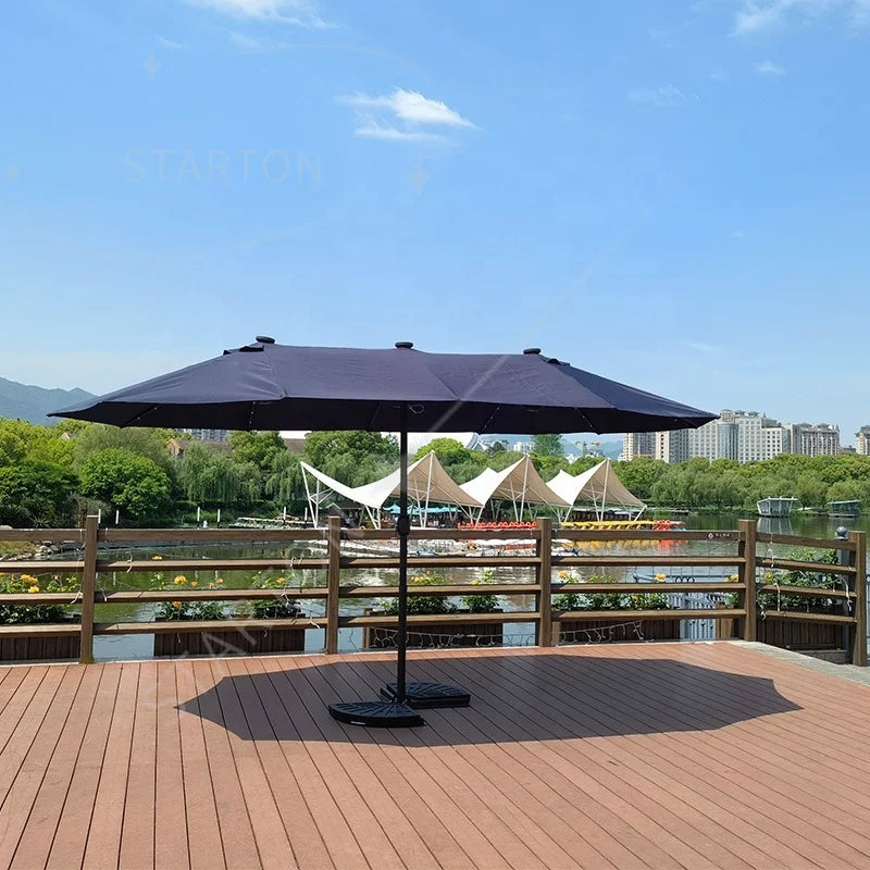 L  New Design Outdoor LED  Solar Powered Parasol 15ft Large Patio Garden Porch Double-sided Umbrella Table Twins Parasol