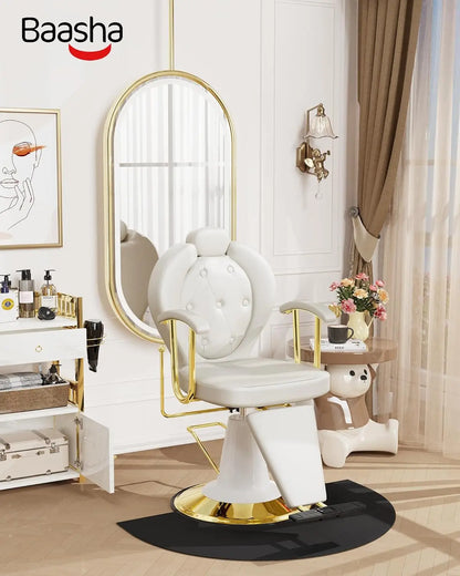 Cream Reclining Salon Chair Hydraulic 360° Swivel Adjustable Headrest 440lbs Capacity Barber Styling Seat, Customized