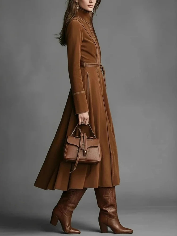 Elegant Retro Solid Suede Dresses Woman Stand Collar Zipper Slim A-line Dress Long Sleeve Lace Up Pocket High Street Midi Dress