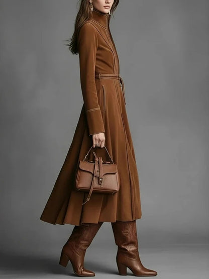 Elegant Retro Solid Suede Dresses Woman Stand Collar Zipper Slim A-line Dress Long Sleeve Lace Up Pocket High Street Midi Dress